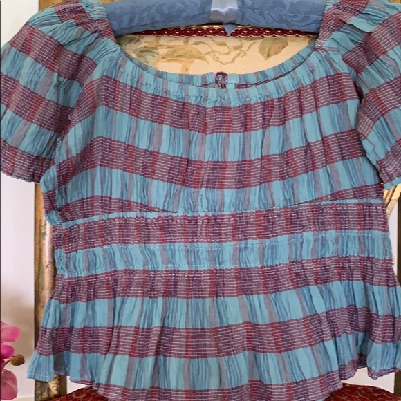 FREE PEOPLE VIVI COTTON CROPPED SMOCKED STRIPED CROP TOP IN BLUE/RED SZ. S , L - Picture 13 of 16